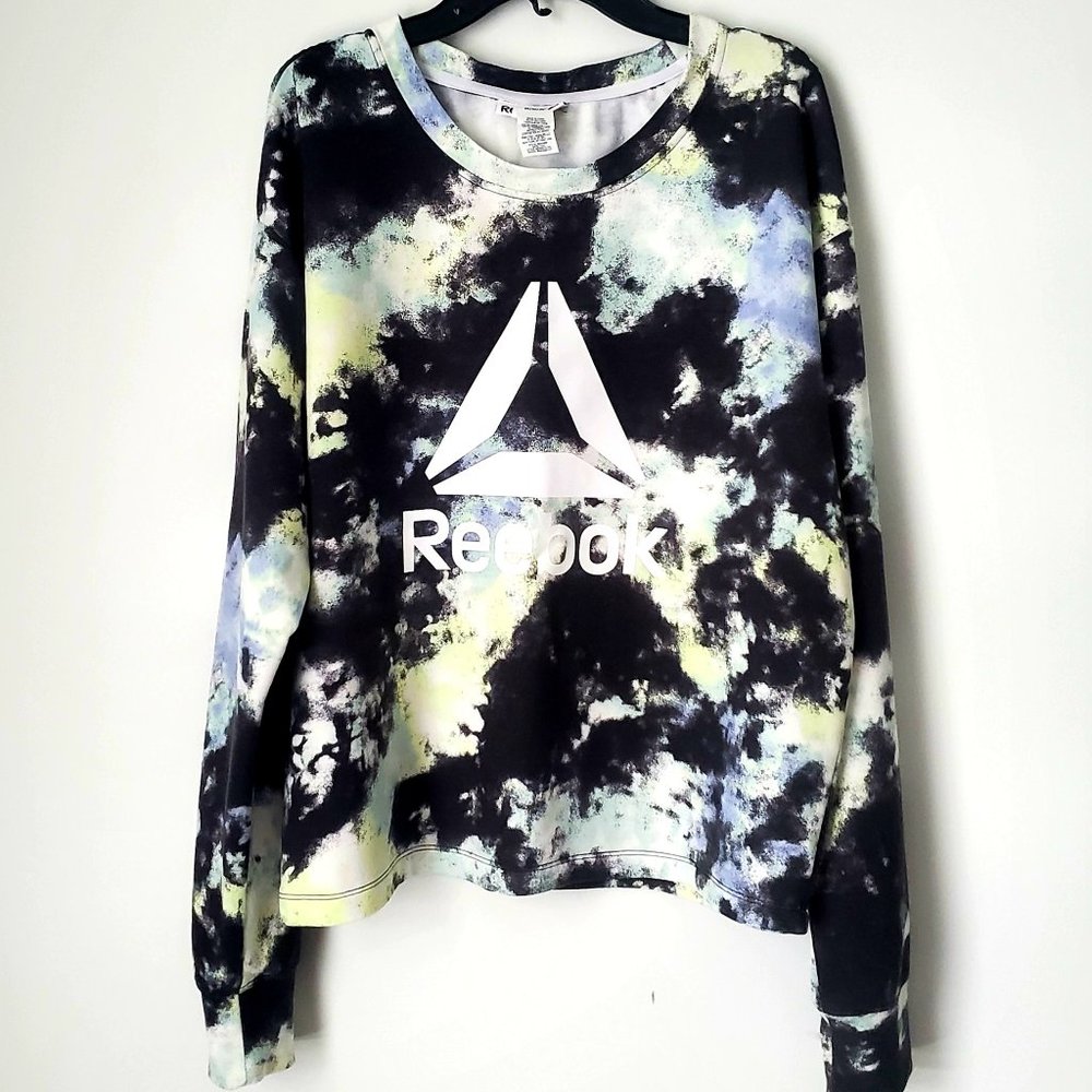 REEBOK LOUD LOGO TIE DYE PULLOVER SWEATSHIRT BLACK & PASTELS cropped style